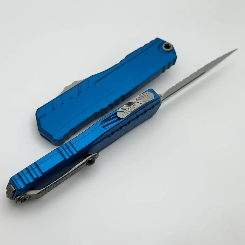 Microtech Cypher GEN 2 Stonewash Full Serrated OTF (Out the Front) Knife - Blue