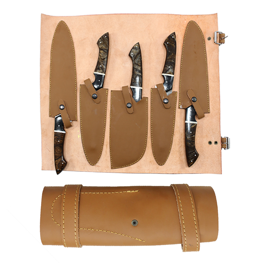 The Bone Edge 5PC Damascus Forged Blade Chef's Knife Set - Brown & Black - Resin Handles