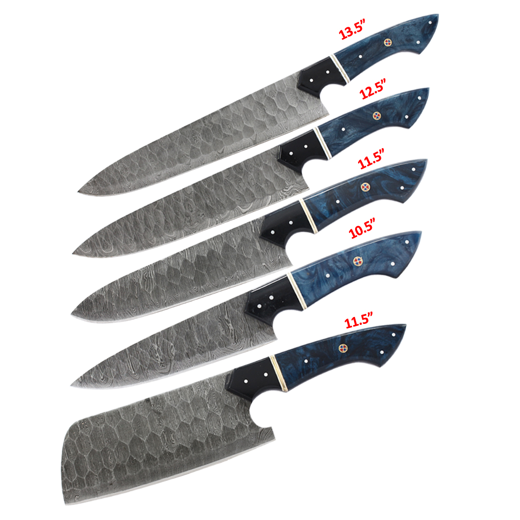 The Bone Edge 5 Pcs Damascus Forged Blade Chef's Knife Set Blue & Black Resin Handle