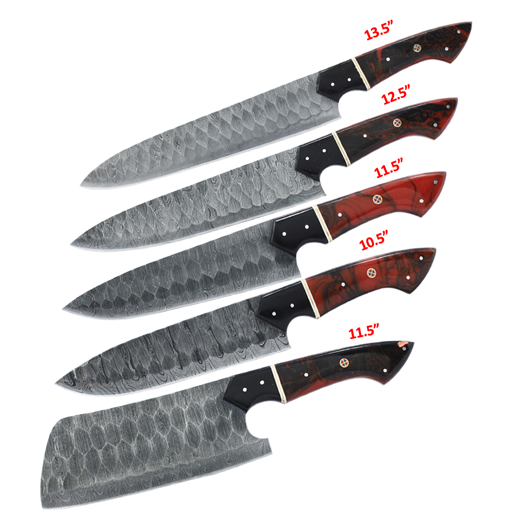 The Bone Edge 5 Pcs Damascus Forged Blade Chef's Knife Set Red & Black Resin Handle