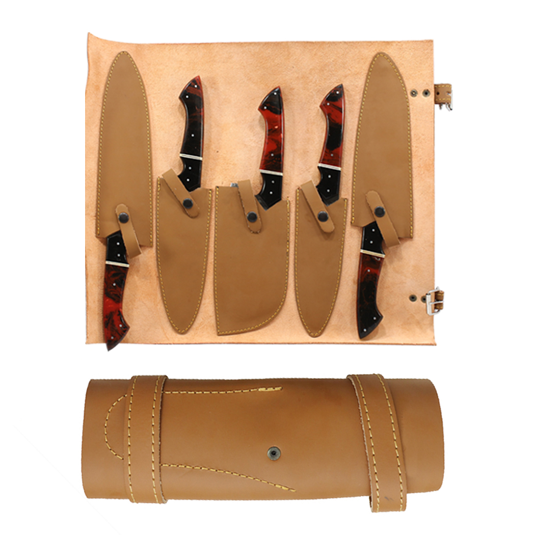 The Bone Edge 5 Pcs Damascus Forged Blade Chef's Knife Set Red & Black Resin Handle