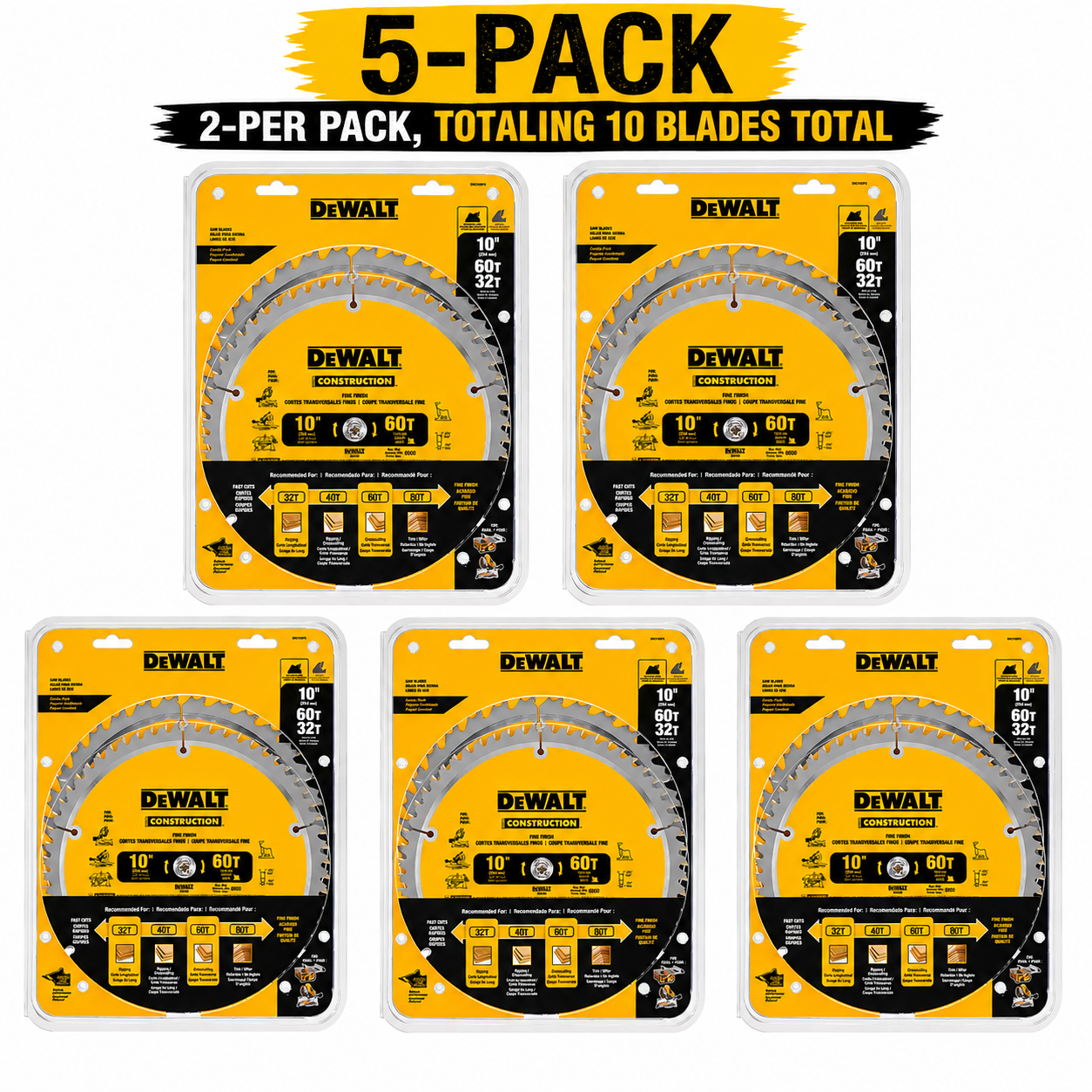 DeWalt 10-inch Construction Saw Blades (60 & 32 TPI) - 1 Case - 10 Blades Total - DW3106P5