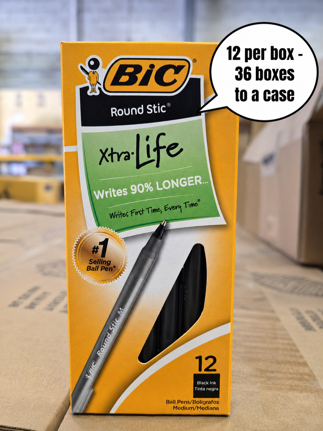 BIC Round Stic Xtra Life Ball Pens – Full Case – 36 Boxes / 432 Pens Total