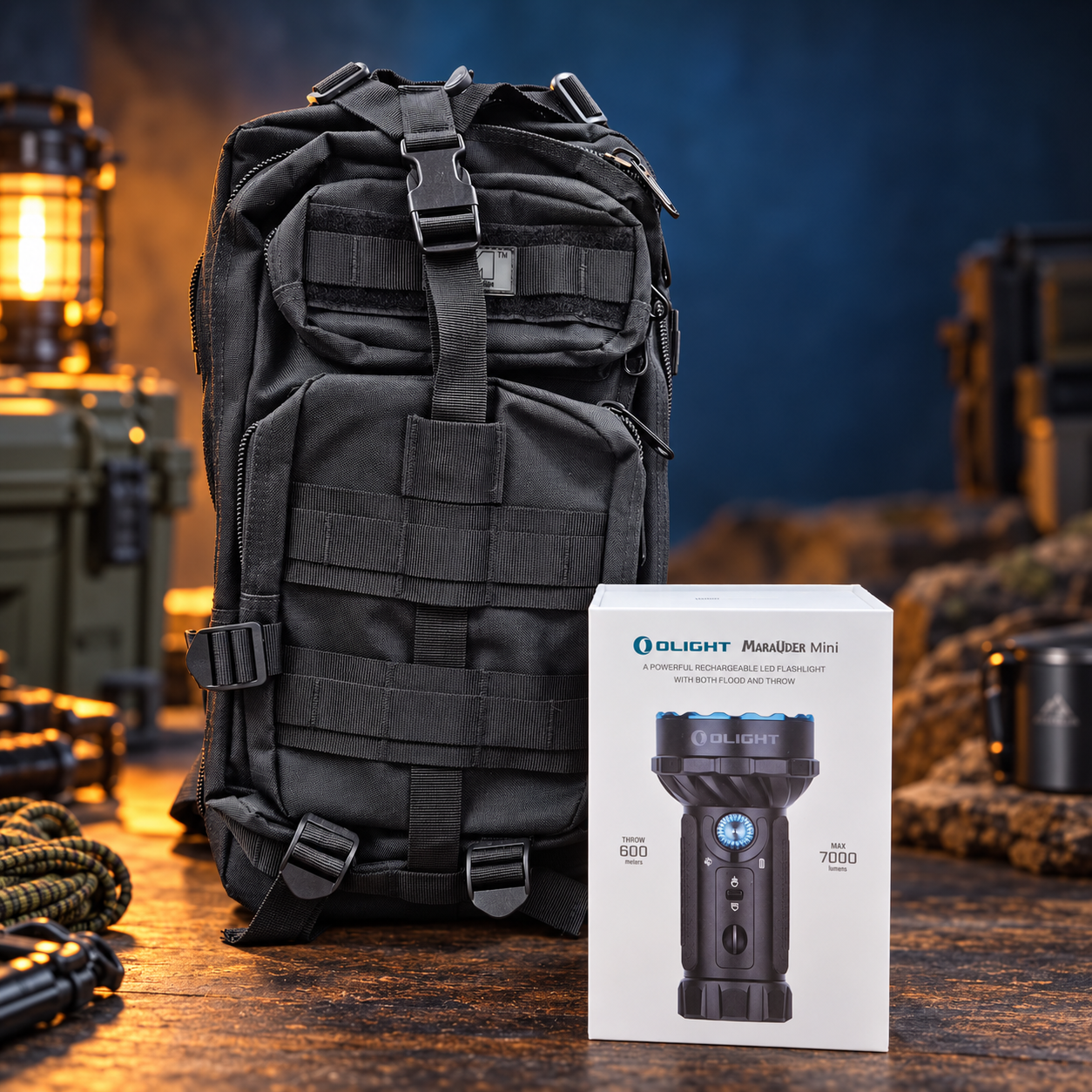 Olight Marauder Mini 7,000-Lumen Rechargeable Flashlight with 30L Tactical Backpack
