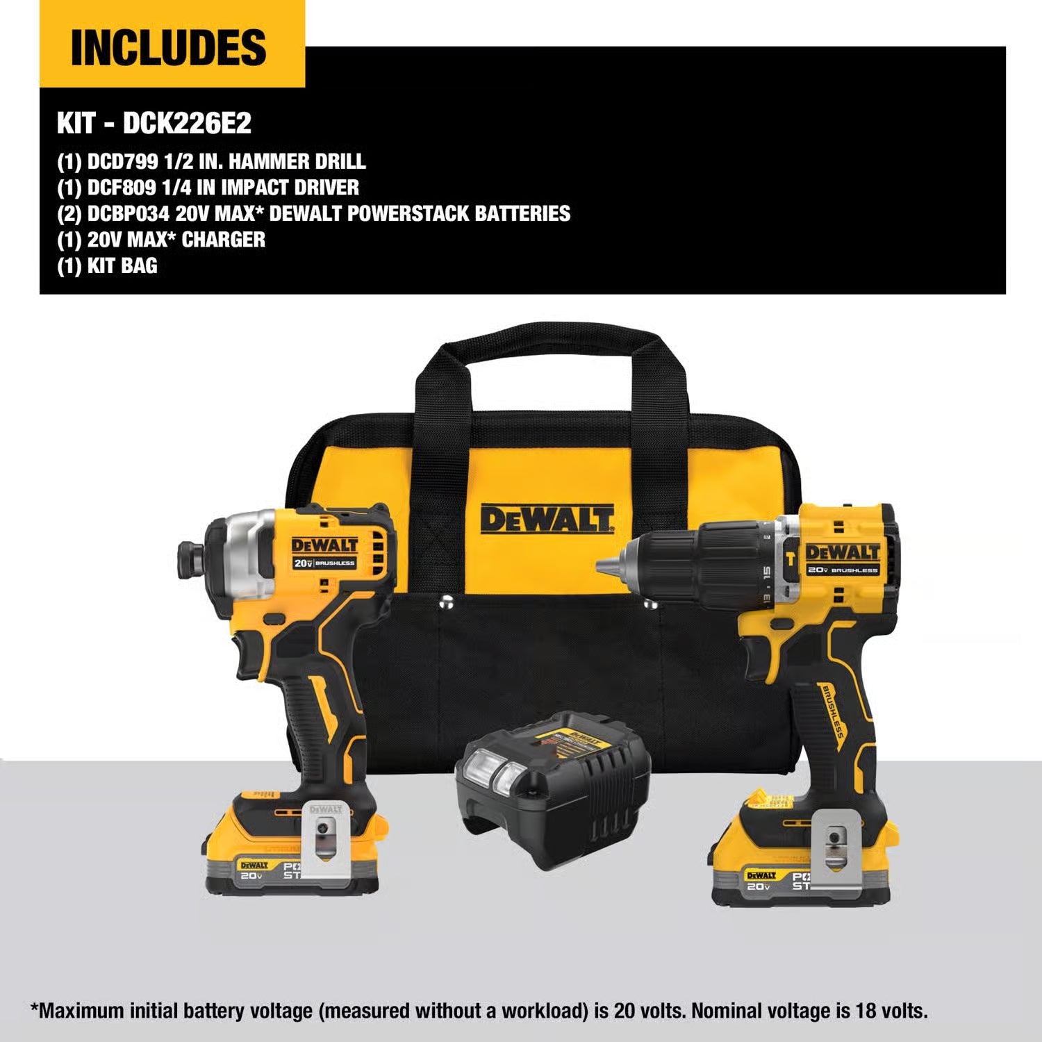 DeWalt 20V MAX 2-Tool Hammer Drill and Impact Driver Kit with Powerstack Batteries - DCK226E2