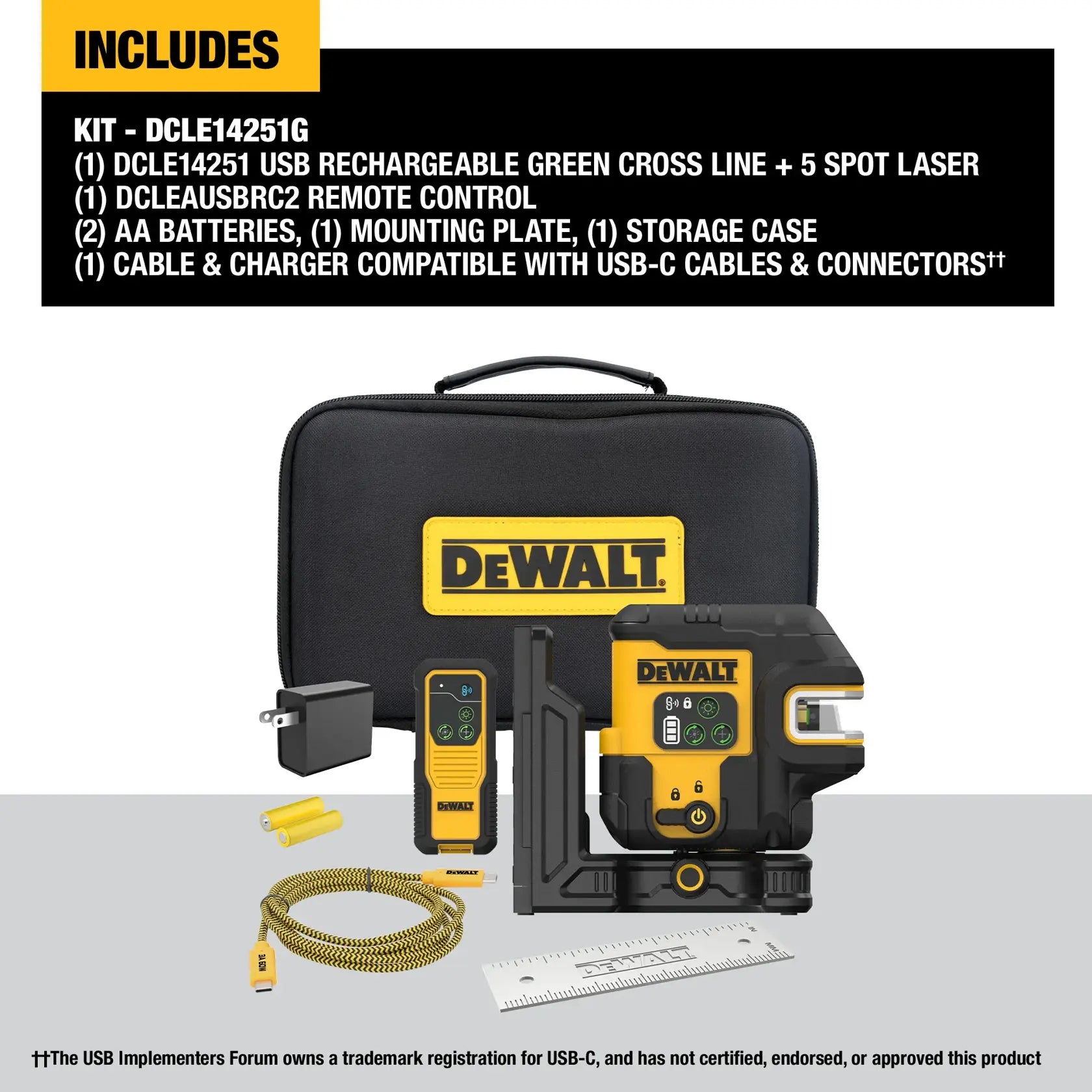 DeWalt USB Rechargeable Green 5-Spot & Crossline Laser Kit - DCLE14251G