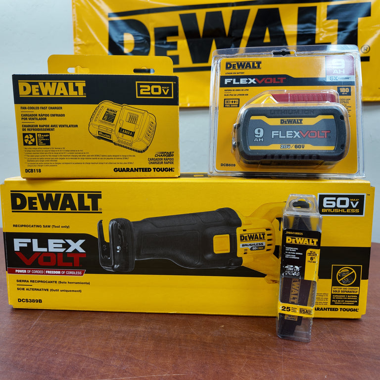 DeWalt 60V MAX DCS389 Reciprocating Saw with 9Ah Battery, Fast Charger, & 25-Pack of Blades - Pieced Kit (#1)