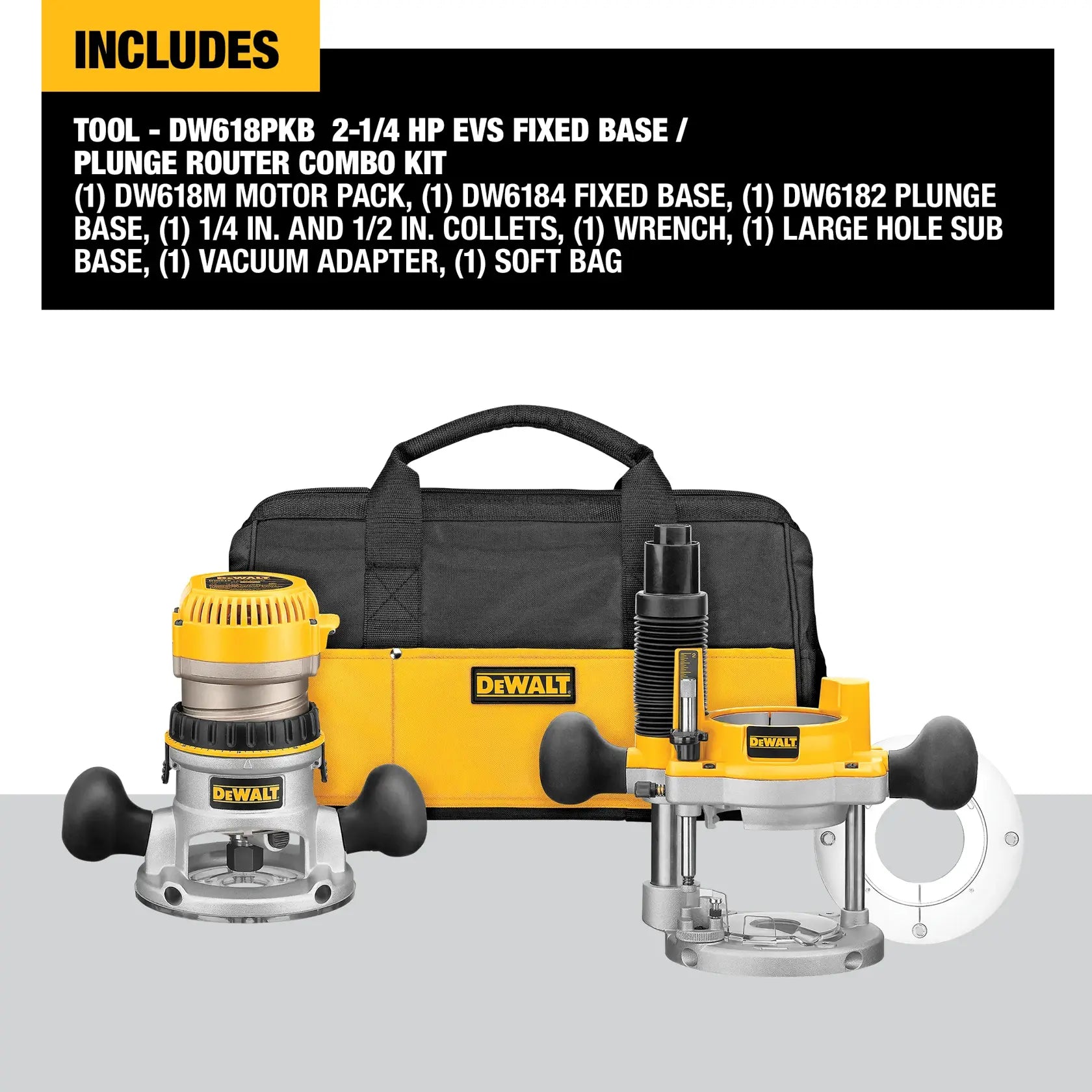 DEWALT 2-1/4 HP EVS Fixed/Plunge Router Combo Kit – DW618PKB
