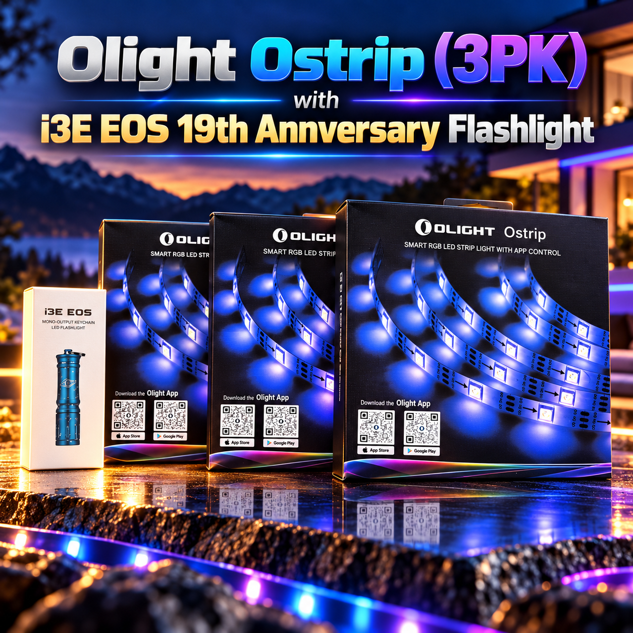 Olight Ostrip Smart RGB LED Strip Light 3-Pack + i3E EOS 19th Anniversary Flashlight Bundle