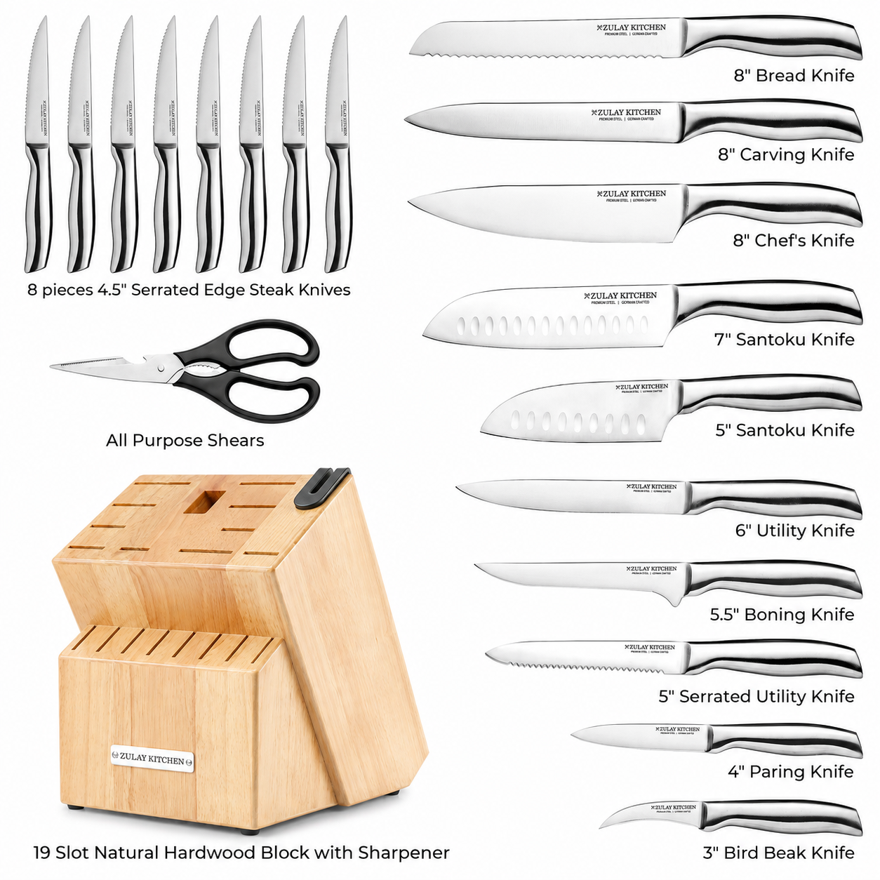 Zulay Kitchen 20PC Premium Stainless Steel Knife Set with Block & Built-In Sharpener