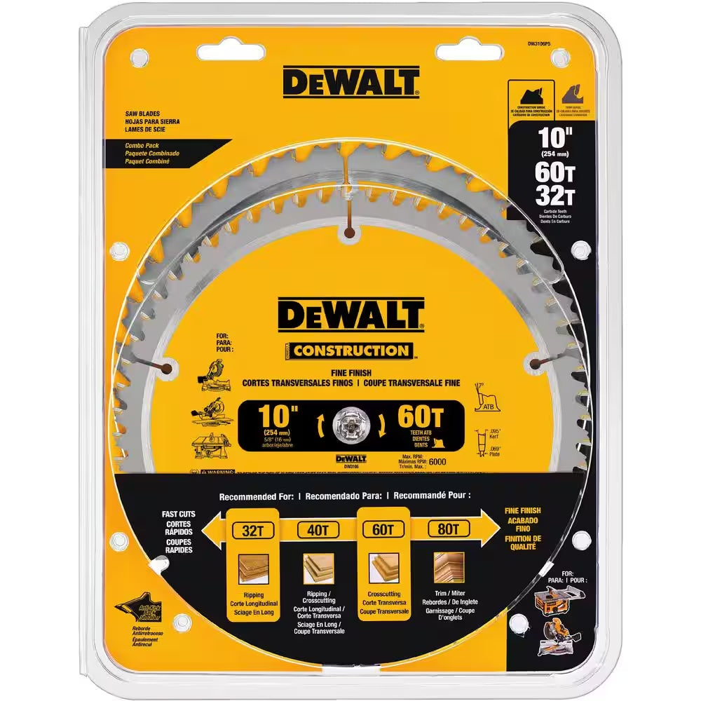 DeWalt 10-inch Construction Saw Blades (60 & 32 TPI) - 1 Case - 10 Blades Total - DW3106P5