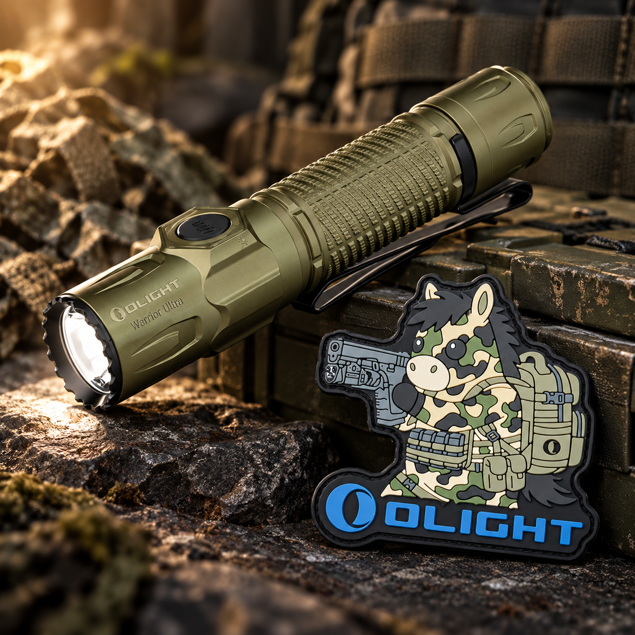 Olight Warrior Ultra Flashlight in Olive Green with Tactical Velcro Patch