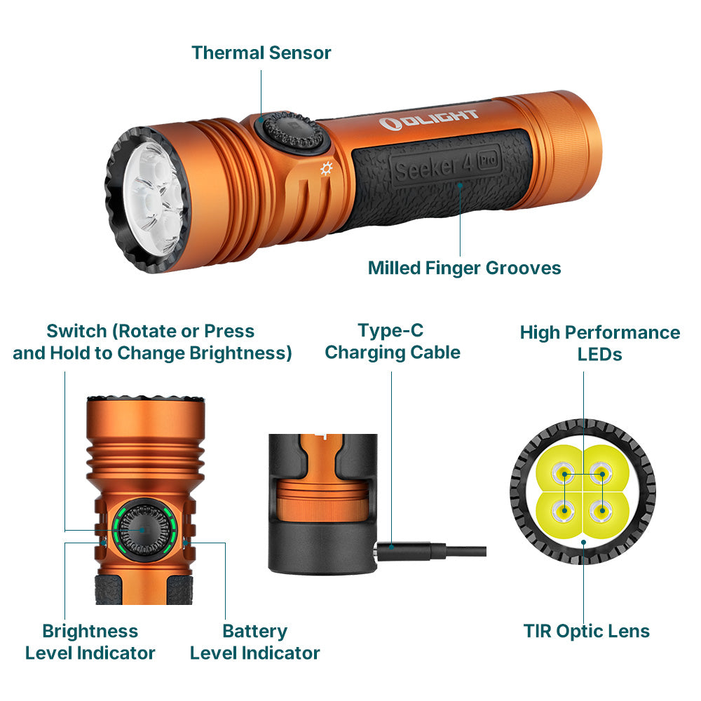 Olight Seeker 4 Pro 4,600-Lumen Rechargeable Flashlight (Orange)
